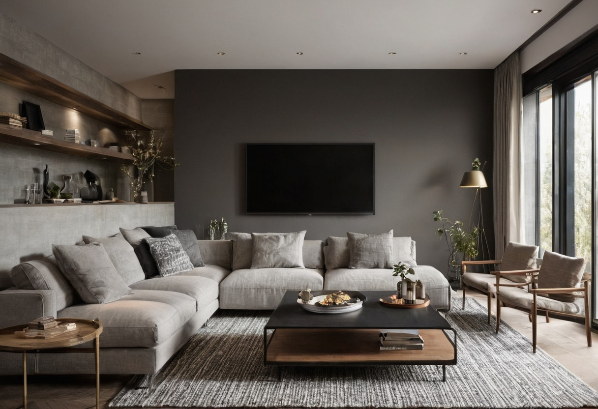 Luxury interior image showing The 2/3 rule is a proportion guide that often places the sofa at about two-thirds the length of the wall, media unit, or rug zone